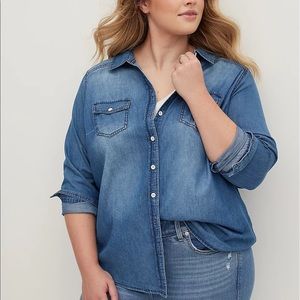 Medium wash denim button up shirt